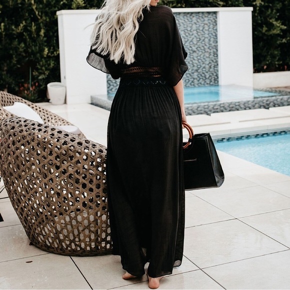 NEW Boho Black Lace Beach Dress Coverup with Flutter Sleeves & 2-Tie Front, OS - Picture 3 of 16